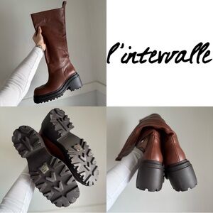 L’Intervalle Brown Leather Knee High Lug Sole Boots Wide Heel Size 39 New